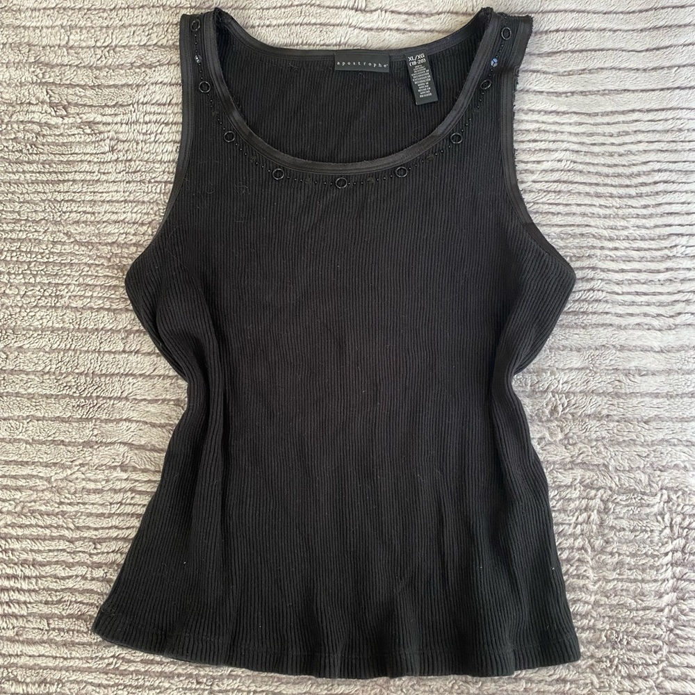 Apostrophe Black Ribbed Beaded Tank Top Size XL Stretchy Boho Indie Y2K vintage